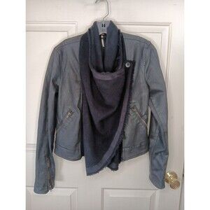 Free People Waxed Denim Layered Jacket Size 2 Black Cowl Neck Zip Pockets EUC